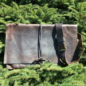 Thick Distressed Raw Leather Flap Top Tie Crossbody Handbag
